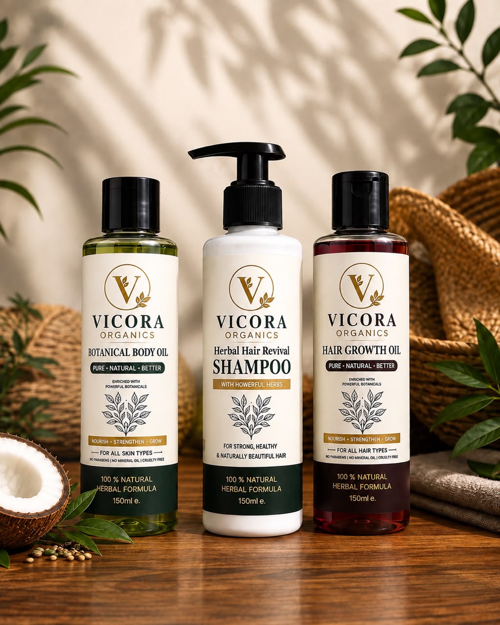 Vicora Organics complete trio: body oil, shampoo and hair growth oil