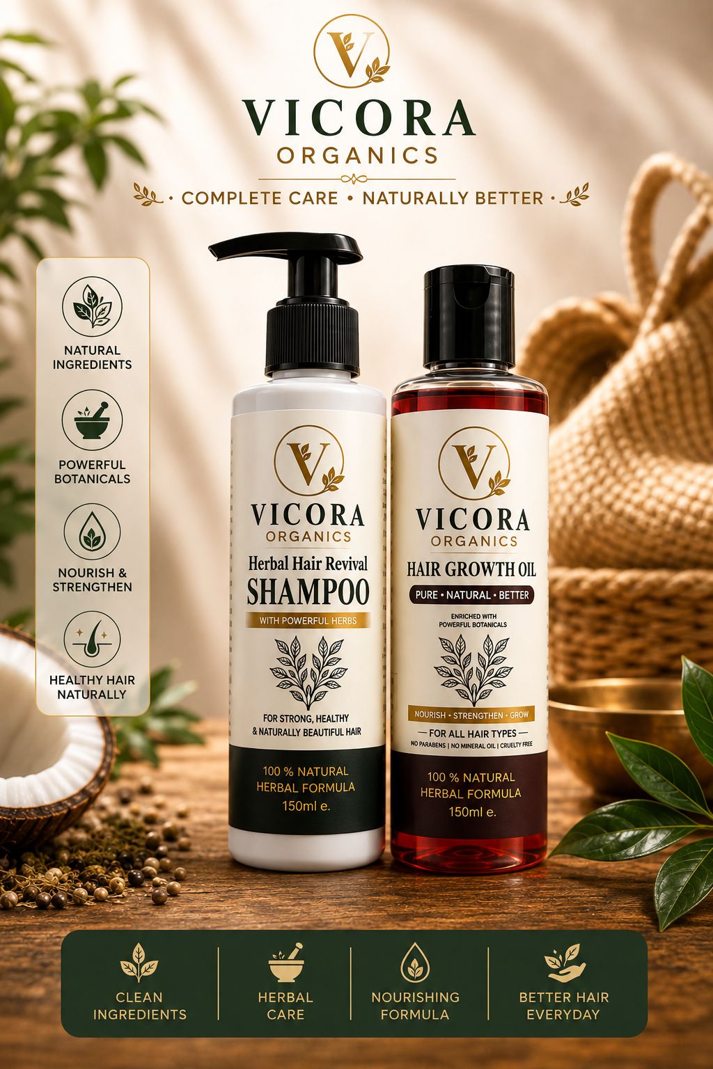 Vicora shampoo and hair growth oil routine